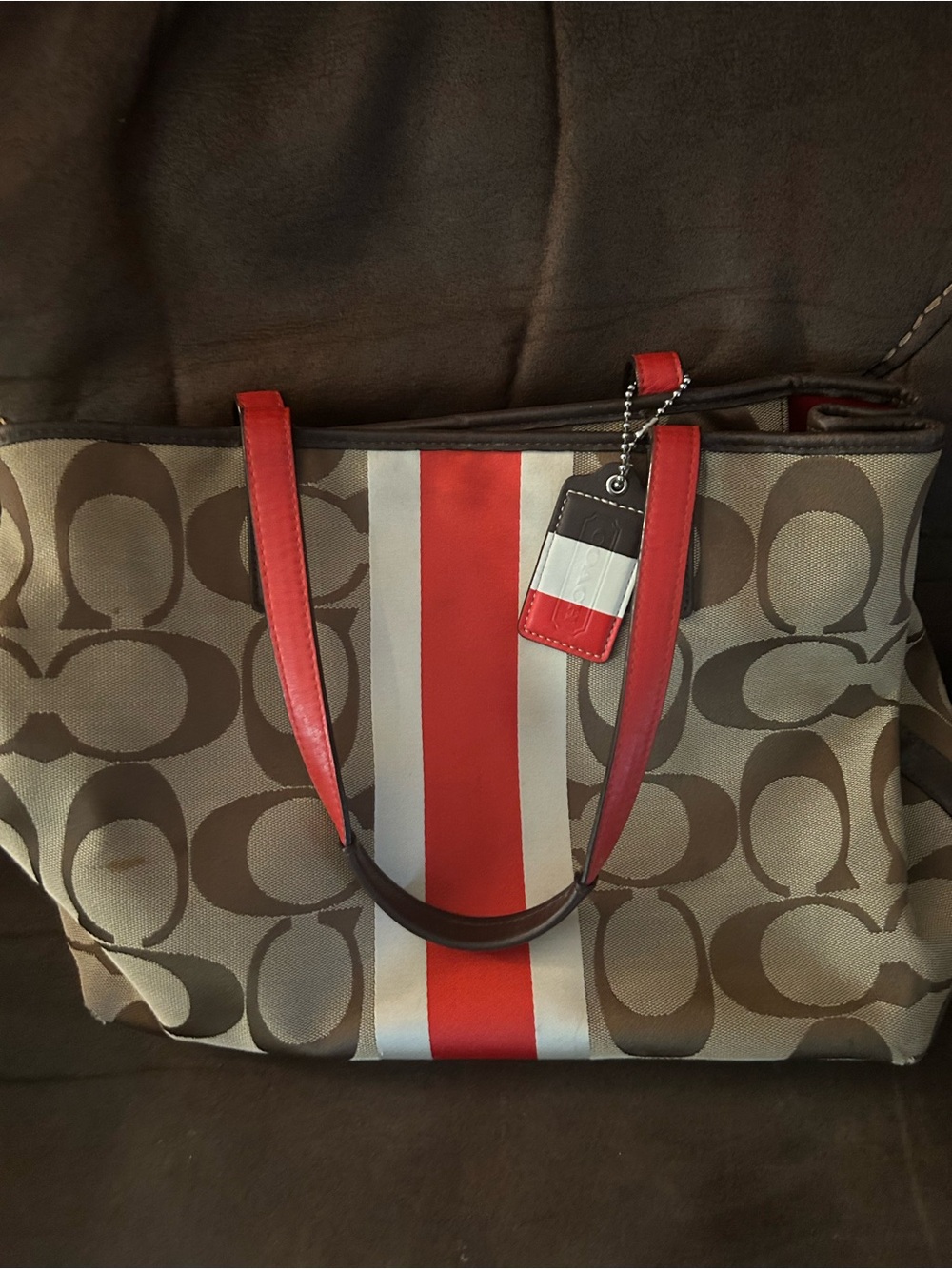 Coach Brown Signature Canvas Tote with Red & White Stripe